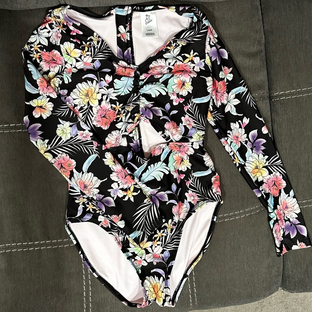 Floral long sleeve swimsuit with front cutout